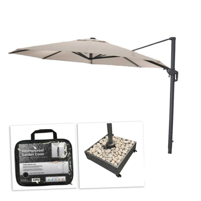 Galaxy 3.5m Round LED Aluminium Cantilever Parasol - Beige Canopy, Grey Frame and Stone Fill Base