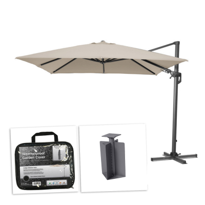 Genesis 3.0m x 3.0m Square Aluminium Cantilever Parasol - Beige Canopy, Grey Frame and In Ground Base