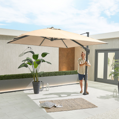 Galaxy 4.0m x 3.0m Rectangular LED Aluminium Cantilever Parasol - Beige Canopy, Grey Frame and Large In Ground Base