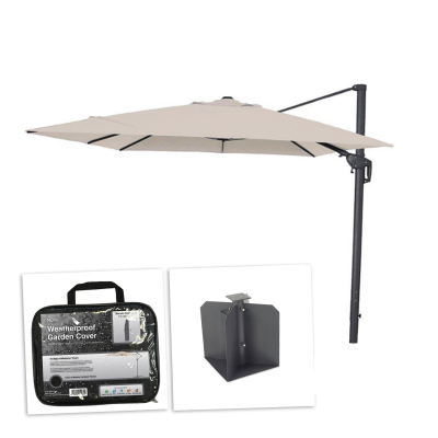 Galaxy 4.0m x 3.0m Rectangular LED Aluminium Cantilever Parasol - Beige Canopy, Grey Frame and Large In Ground Base