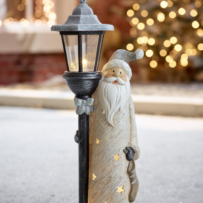 Small Saint Nick & Lamp Post Christmas Santa Figure - Set of 2