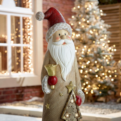 Large Saint Nick & Tree Christmas Santa Figure in Gold - Set of 2