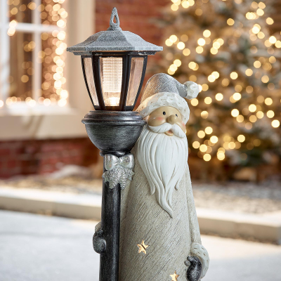 Large Saint Nick & Lamp Post Christmas Santa Figure - Set of 2