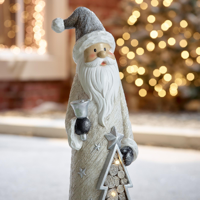Small Saint Nick & Tree Christmas Santa Figure in Silver - Set of 2
