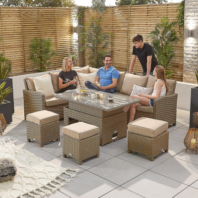 Ciara L-Shaped Corner Rattan Lounge Dining Set with 3 Stools - Left Handed Rising with Parasol Hole Table in Willow