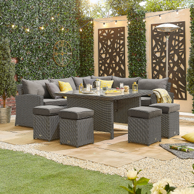 Ciara Deluxe Corner Rattan Lounge Dining Set with 4 Stools - Square Parasol Hole Table in Slate Grey