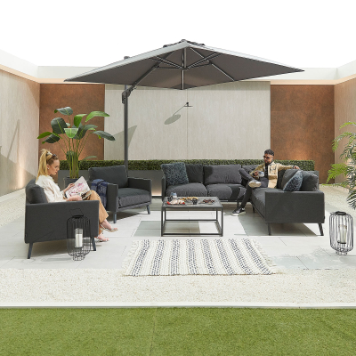 Bliss All Weather Fabric Aluminium Corner Sofa Lounging Set with Square Coffee Table & 2 Armchairs in Charcoal Grey