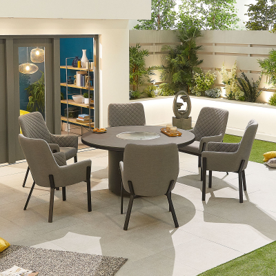 Genoa 6 Seat All Weather Fabric Aluminium Dining Set - Round Gas Fire Pit Table in Ash Grey