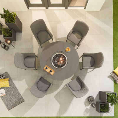 Genoa 6 Seat All Weather Fabric Aluminium Dining Set - Round Gas Fire Pit Table in Ash Grey