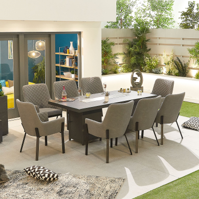 Genoa 8 Seat All Weather Fabric Aluminium Dining Set - Rectangular Gas Fire Pit Table in Ash Grey