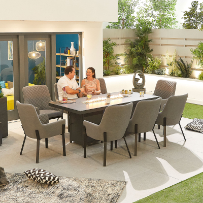 Genoa 8 Seat All Weather Fabric Aluminium Dining Set - Rectangular Gas Fire Pit Table in Ash Grey