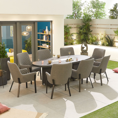 Genoa 8 Seat All Weather Fabric Aluminium Dining Set - Oval Gas Fire Pit Table in Ash Grey
