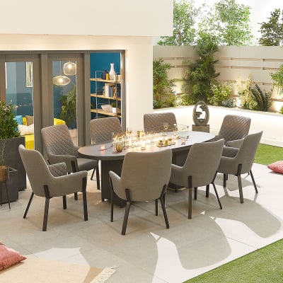 Genoa 8 Seat All Weather Fabric Aluminium Dining Set - Oval Gas Fire Pit Table in Ash Grey