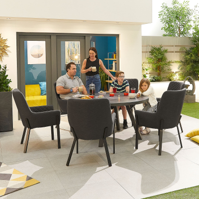 Genoa 6 Seat All Weather Fabric Aluminium Dining Set - Round Table in Charcoal Grey