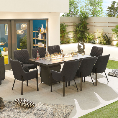 Genoa 8 Seat All Weather Fabric Aluminium Dining Set - Rectangular Gas Fire Pit Table in Charcoal Grey
