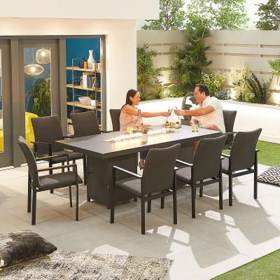 Hugo 8 Seat All Weather Fabric Aluminium Dining Set - Rectangular Gas Fire Pit Table in Charcoal Grey