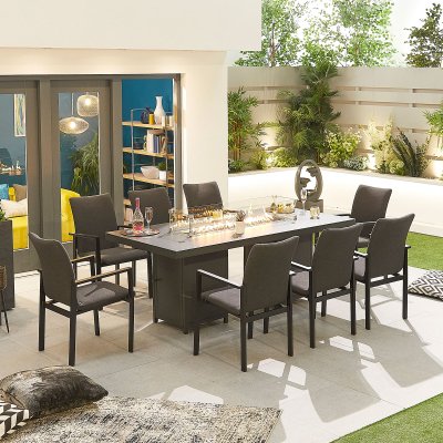 Hugo 8 Seat All Weather Fabric Aluminium Dining Set - Rectangular Gas Fire Pit Table in Charcoal Grey