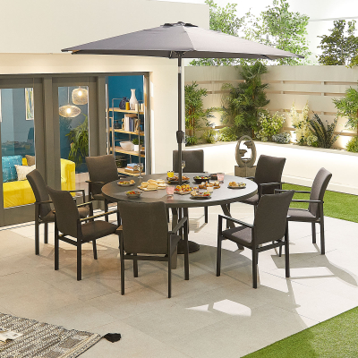 Hugo 8 Seat All Weather Fabric Aluminium Dining Set - Round Table in Charcoal Grey