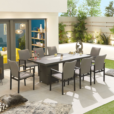 Hugo 8 Seat All Weather Fabric Aluminium Dining Set - Rectangular Gas Fire Pit Table in Ash Grey
