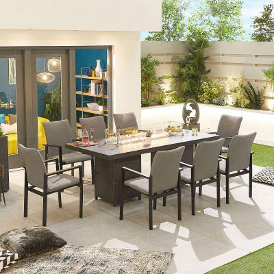 Hugo 8 Seat All Weather Fabric Aluminium Dining Set - Rectangular Gas Fire Pit Table in Ash Grey