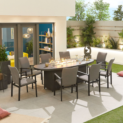 Hugo 8 Seat All Weather Fabric Aluminium Dining Set - Oval Gas Fire Pit Table in Ash Grey