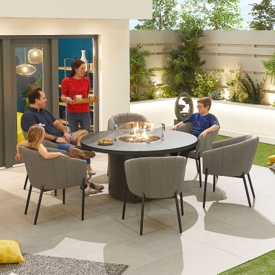 Edge 6 Seat All Weather Fabric Aluminium Dining Set - Round Gas Fire Pit Table in Ash Grey