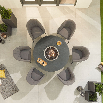 Edge 6 Seat All Weather Fabric Aluminium Dining Set - Round Gas Fire Pit Table in Ash Grey