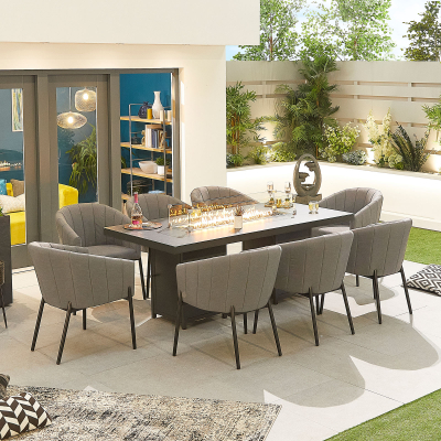 Edge 8 Seat All Weather Fabric Aluminium Dining Set - Rectangular Gas Fire Pit Table in Ash Grey