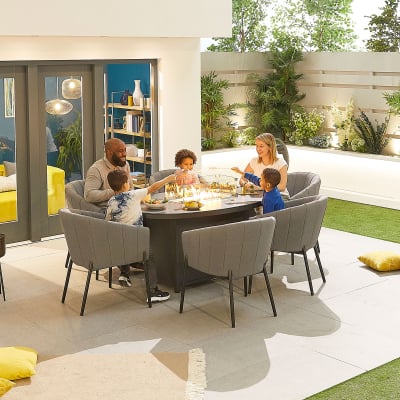 Edge 6 Seat All Weather Fabric Aluminium Dining Set - Oval Gas Fire Pit Table in Ash Grey