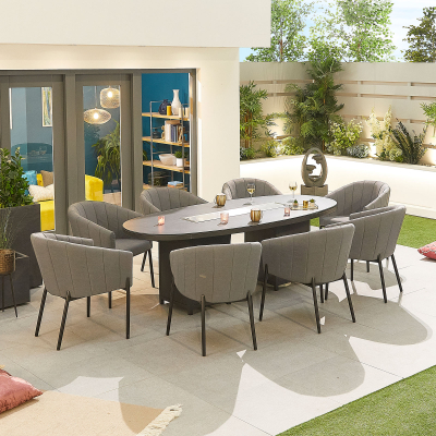 Edge 8 Seat All Weather Fabric Aluminium Dining Set - Oval Gas Fire Pit Table in Ash Grey