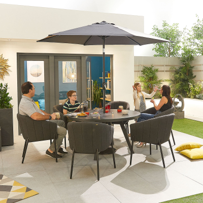 Edge 6 Seat All Weather Fabric Aluminium Dining Set - Round Table in Charcoal Grey