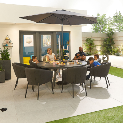 Edge 8 Seat All Weather Fabric Aluminium Dining Set - Round Table in Charcoal Grey