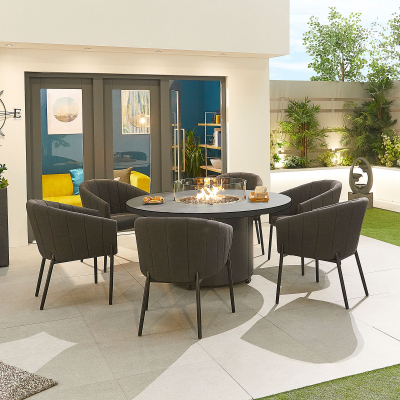 Edge 6 Seat All Weather Fabric Aluminium Dining Set - Round Gas Fire Pit Table in Charcoal Grey