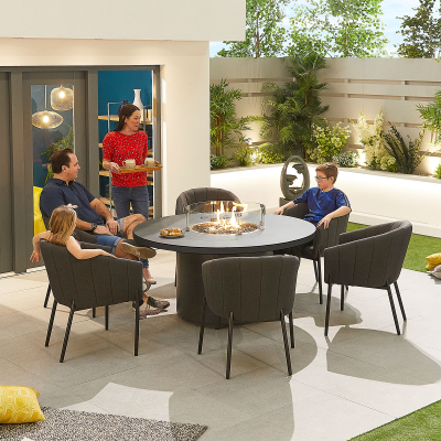 Edge 6 Seat All Weather Fabric Aluminium Dining Set - Round Gas Fire Pit Table in Charcoal Grey
