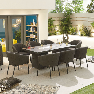 Edge 8 Seat All Weather Fabric Aluminium Dining Set - Rectangular Gas Fire Pit Table in Charcoal Grey