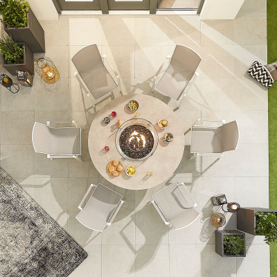 Milano 6 Seat Aluminium Dining Set - Round Gas Fire Pit Table in Chalk White