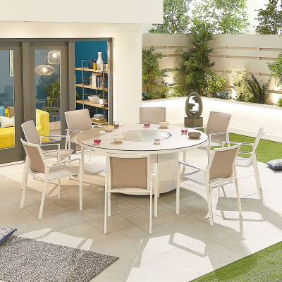 Milano 8 Seat Aluminium Dining Set - Round Gas Fire Pit Table in Chalk White
