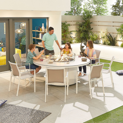 Milano 8 Seat Aluminium Dining Set - Round Gas Fire Pit Table in Chalk White
