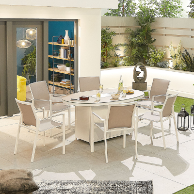 Milano 6 Seat Aluminium Dining Set - Oval Gas Fire Pit Table in Chalk White