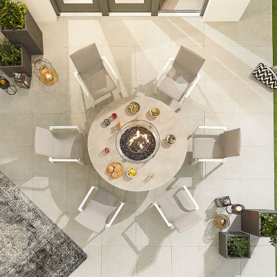 Roma 6 Seat Aluminium Dining Set - Round Gas Fire Pit Table in Chalk White