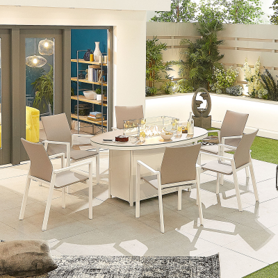 Roma 6 Seat Aluminium Dining Set - Oval Gas Fire Pit Table in Chalk White