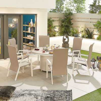 Venice 6 Seat Aluminium Dining Set - Round Gas Fire Pit Table in Chalk White