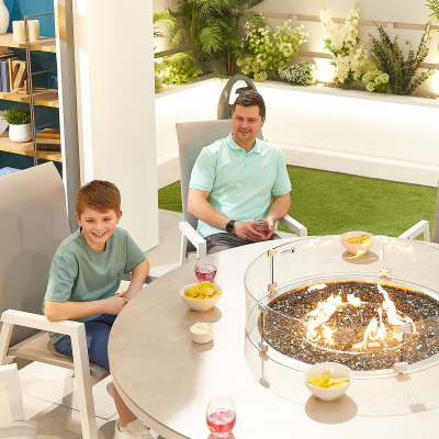 Venice 8 Seat Aluminium Dining Set - Round Gas Fire Pit Table in Chalk White