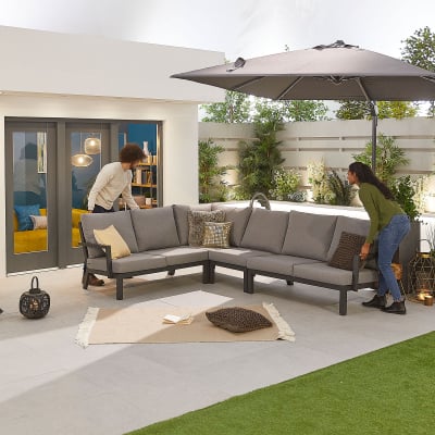 Vogue L-Shaped Corner Aluminium Lounge Dining Set - Gas Fire Pit Table in Graphite Grey