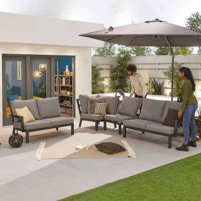 Vogue L-Shaped Corner Aluminium Lounge Dining Set with Armchair - Gas Fire Pit Table in Graphite Grey