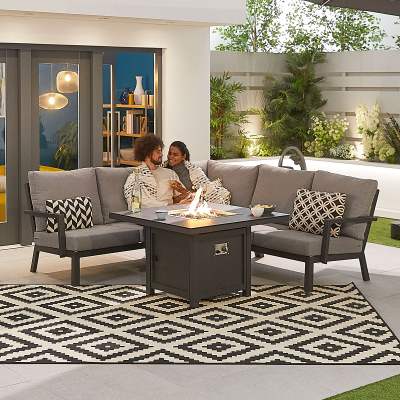 Vogue Compact Corner Aluminium Lounge Dining Set - Square Gas Fire Pit Table in Graphite Grey