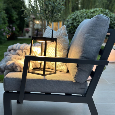 Vogue Compact Corner Aluminium Lounge Dining Set with Armchair and Bench - Square Gas Fire Pit Table in Graphite Grey