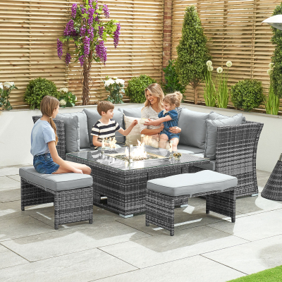 Cambridge Compact Corner Reclining Arms Rattan Lounge Dining Set with 2 Stools - Square Rising Gas Fire Pit Table in Grey Rattan