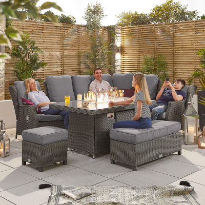 Skylar L-Shaped Corner Reclining Rattan Lounge Dining Set with Bench and Stool - Gas Fire Pit Table in Slate Grey