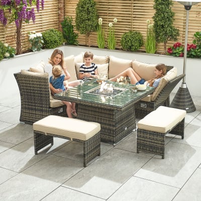 Cambridge Compact Corner Reclining Arms Rattan Lounge Dining Set with 2 Stools - Square Gas Fire Pit Table in Brown Rattan